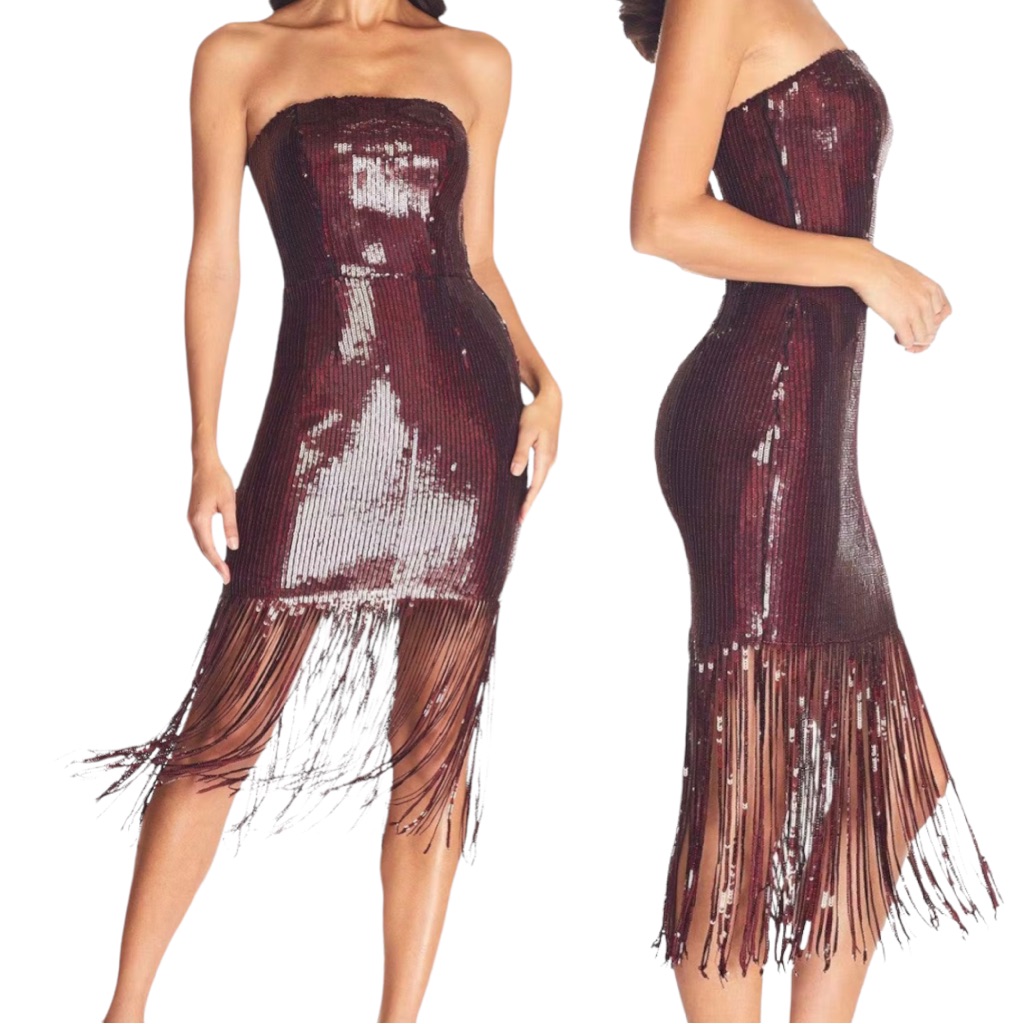 Dress The Population Burgundy Sequin Strapless Fringe Midi Dress